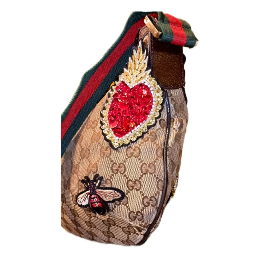 Auth. GUCCI Iconic Sherry Line GG Web Canvas Shoulder Bag W/Bee Applique - Picture 4 of 11